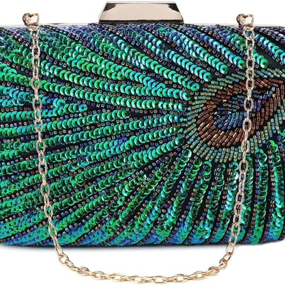 Evening Bag Clutch Purses for Women Beaded Sequin Peacock Party Handbag Wedding